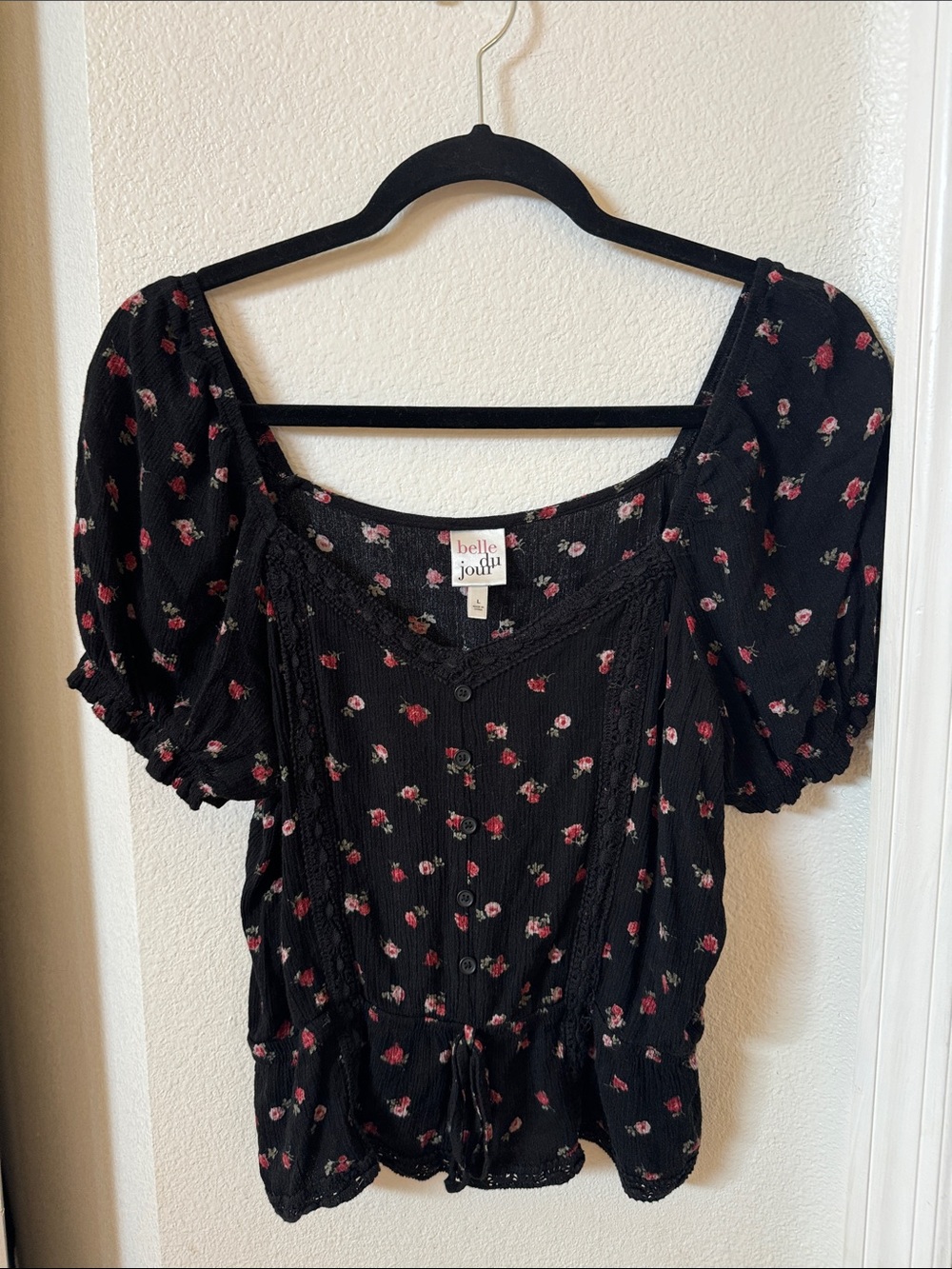 Belle Du Jour Black Top with Pink Floral Puff Sleeves